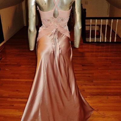 Vtg lavender silk couture halter gown shirred chiffon Train embellished
