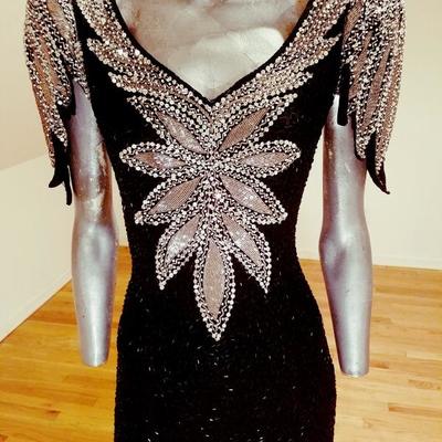 Vtg silk Mermaid gown fully beaded with onyx & silver glass beads 