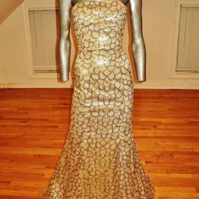 French Couture gold metallic strapless mermaid gown fishtail sequin embroidery