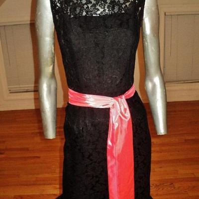 Vtg French lace 1950's Cocktail maxi gown cerise sash belt