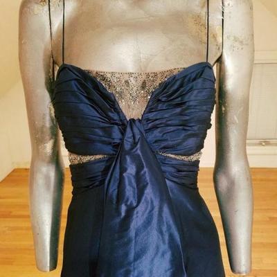 Vtg Badgley Mischka silk Cobalt blue empire shirred evening gown embellished