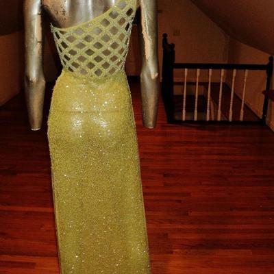 Vintage single shoulder heavily beaded silk gown caged back 