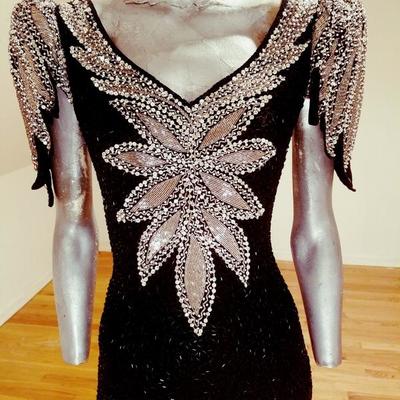 Vtg silk Mermaid gown fully beaded with onyx & silver glass beads 