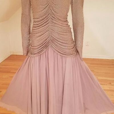 Vtg Oleg Cassini silk hand beaded lavender draped ballerina chiffon fluid dress