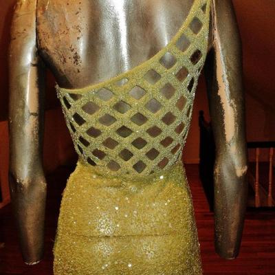 Vintage single shoulder heavily beaded silk gown caged back 