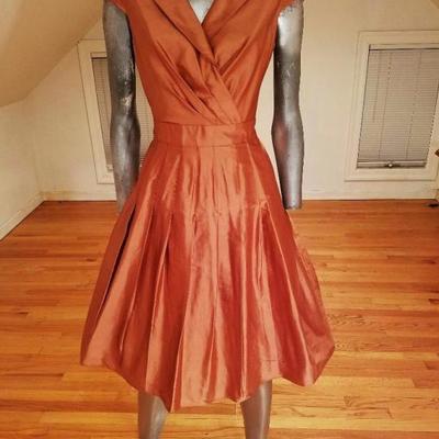 Kay Unger New York silk bronze wiggle dress tie back cross front