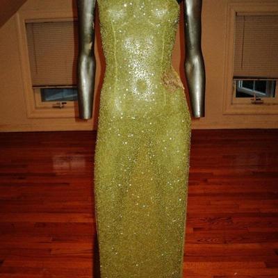 Vintage single shoulder heavily beaded silk gown caged back 