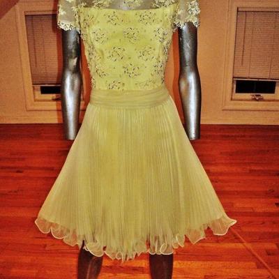 Vtg 1960's Jack Bryan lace beads pencil pleats fluid dress Hong Kong