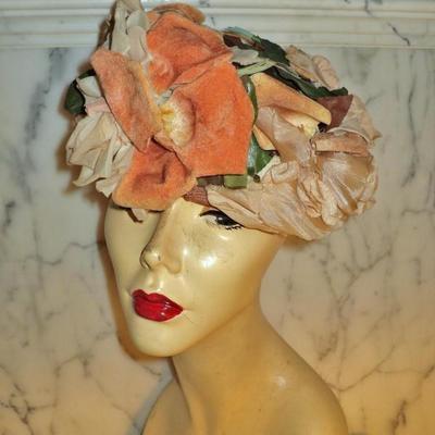 Vtg 1940's Toque hat Millinery silk/velour flowers satin lined