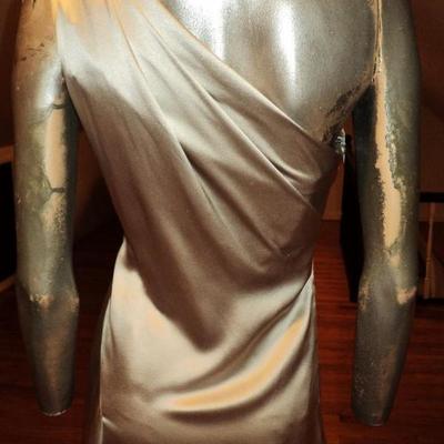 Couture Jackie Rogers silver single shoulder silk grecian draped bias gown