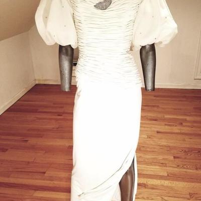 Vintage Rose Taft semi couture shirred cocktail gown balloon sleeves rhinestones