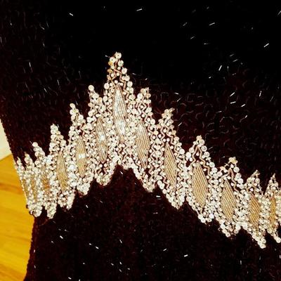 Vtg silk Mermaid gown fully beaded with onyx & silver glass beads 