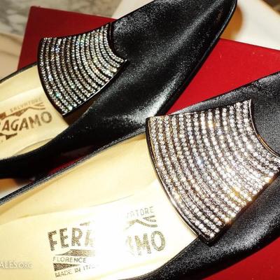 Salvatore Ferragamo High heel leather silk shoes Swarovski crystal buckle