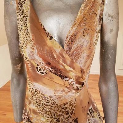JS Boutique silk chiffon layered ruffle gown draped plunge cross neck line