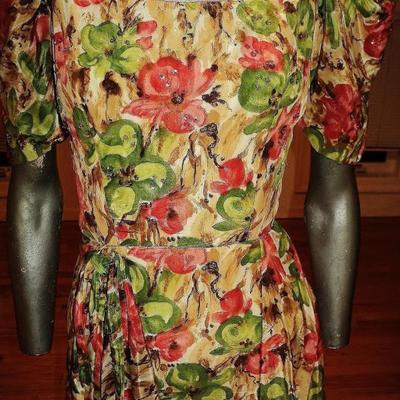 Vtg painted print wiggle beaded sequin semi wrap dress side tie 