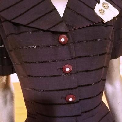 Vtg 1950's full sweep designer dress navy open twill bakelite buttons