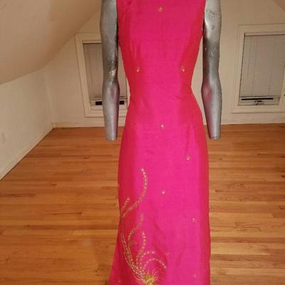 Vtg Cheongsam Silk high slit maxi gold Phoenix embroidery