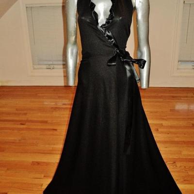 Vintage wrap 1970 gown knit ruffles satin ribbon side tie fluid