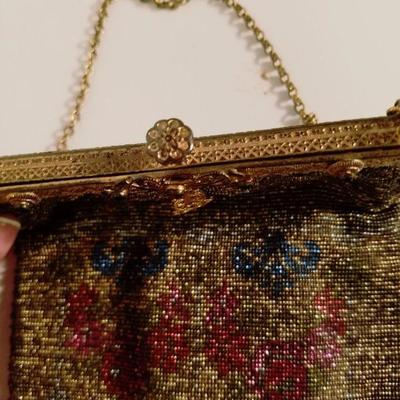 Antique Edwardian French Jeweled micro beaded gilded bag w/ fringes