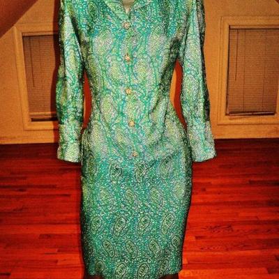 Vtg 1960's Metallic brocade cost dress aqua with gold rhinestone buttons