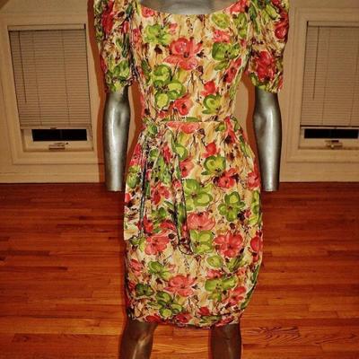 Vtg painted print wiggle beaded sequin semi wrap dress side tie 