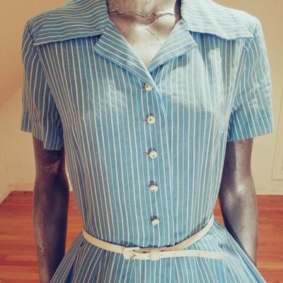 Vtg MGM Star Elaine Ravell Estate 1950's stripe muslin button front dress