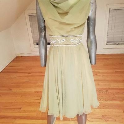 Vtg 1950's chiffon cocktail dress hand beaded belt sash fluid 