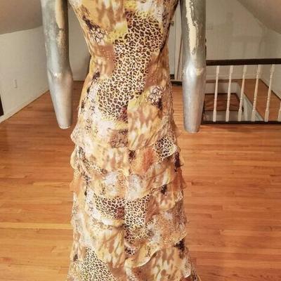 JS Boutique silk chiffon layered ruffle gown draped plunge cross neck line
