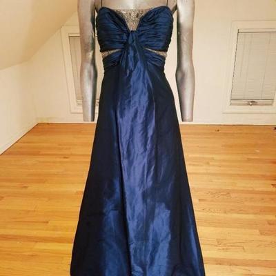 Vtg Badgley Mischka silk Cobalt blue empire shirred evening gown embellished