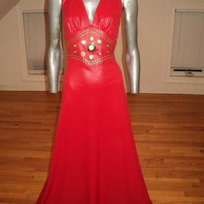  1960's Limited Edition Mr. Boots halter red liquid leather maxi dress gold loops