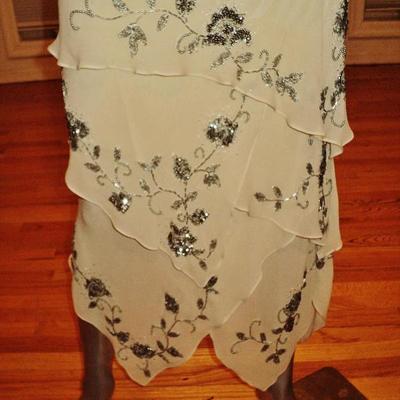 Vtg Sue Wong layered silk handkerchief dress silver beaded on antique chiffon