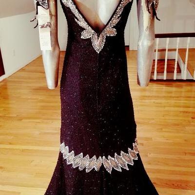 Vtg silk Mermaid gown fully beaded with onyx & silver glass beads 