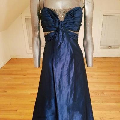 Vtg Badgley Mischka silk Cobalt blue empire shirred evening gown embellished