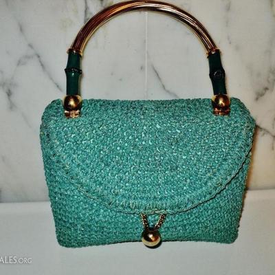  Koret France 1950 Leather/crochet double bag gold overlay /bamboo handle