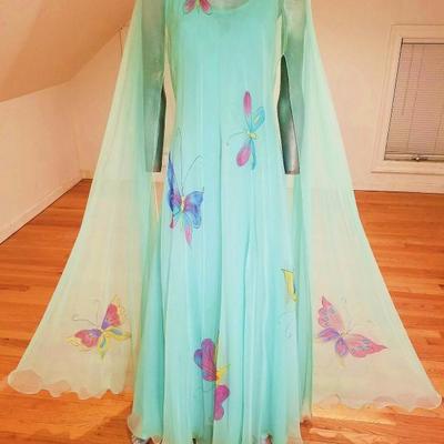 Vtg 1960's Chiffon maxi hand painted gown full opera shawl  fluid cover green/