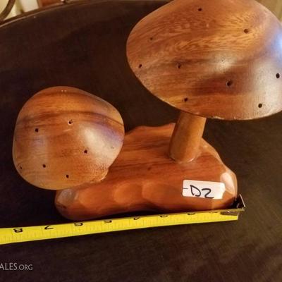 Lot-D2 Vintage Double Mushroom Appetizer Pick Holder Monkey Pod Wood 