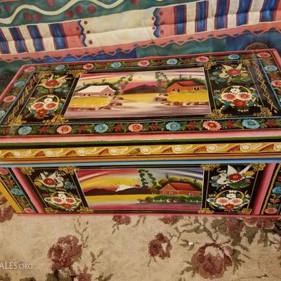 Lot-D9 Bright Country Hand Painted Wooden Trunk Chest