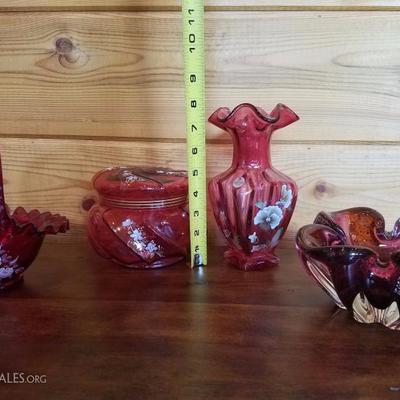 Lot-B26 4 Pc Mixed Fenton Red Glass Assortment Collection