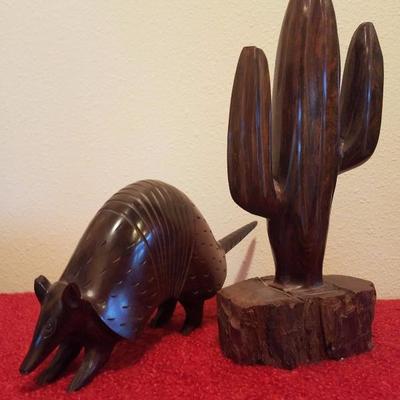 Lot-C15 2 Pc Carved Ironwood Figures Armadillo & Cactus