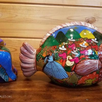 Lot-C2 2 Pc Talavera Mexican Pottery Hand Painted Cat & Fish Decorative Figures