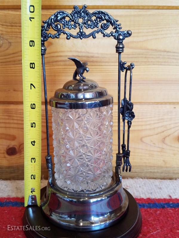 LotB43 Vintage Ornate Silverplate & Glass Sugar Cube Jar w/ Tongs