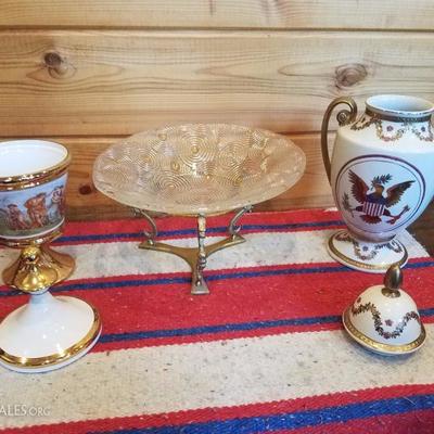 Lot-B56 3 Pc Glass & Porcelain Lot Mixed Gold Trim Decorative Vases & Bowl
