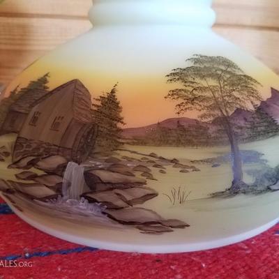Lot-B44 Vintage Hand Painted Fenton Gone W/ the Wind Hurricane Lamp