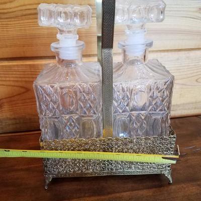 Lot-B62 Pair of Art Deco Liquor Crystal Glass Decanters w/ Holster