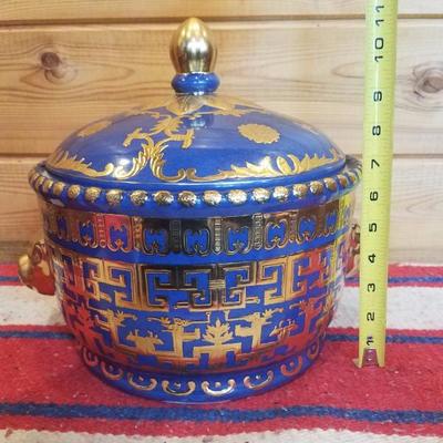 Lot-B57 Decorative Blue w/ Gold Trim Oriental Ceramic Bowl w/ Lid