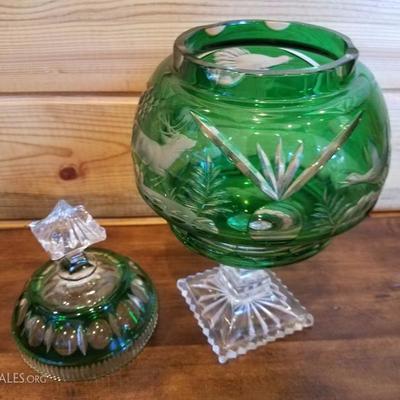Lot-B66  Bohemian Czech Crystal Glass Emerald Green Cut to Clear Dish w/ Lid