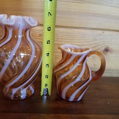 Lot-B17 2 Pc Optic Cameo Swirl Fenton Glass Set Mini Pitcher & Vase