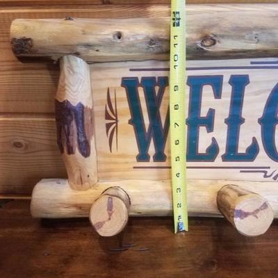 Lot-C9 Rustic Log Cut Welcome Sign  4 Person Coat Rack