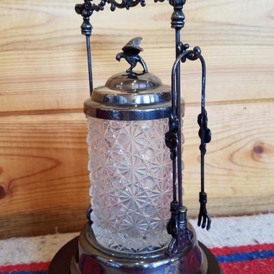 Lot-B43 Vintage Ornate Silverplate & Glass Sugar Cube Jar w/ Tongs