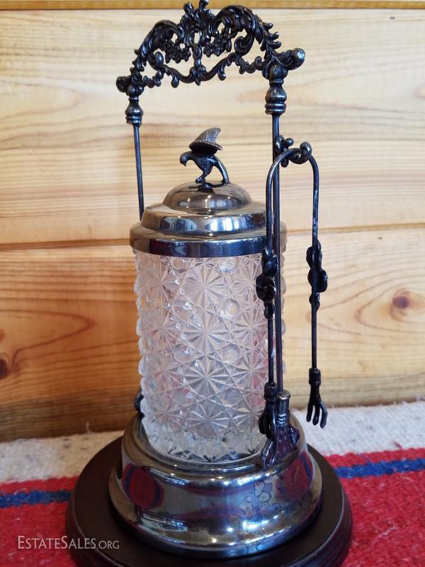 LotB43 Vintage Ornate Silverplate & Glass Sugar Cube Jar w/ Tongs